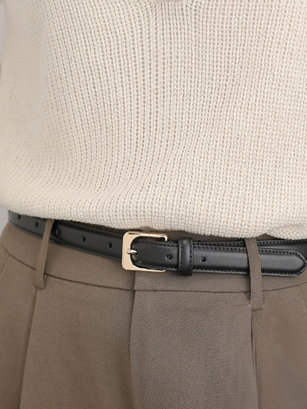 Skinny Leather Belt with Golden Buckle