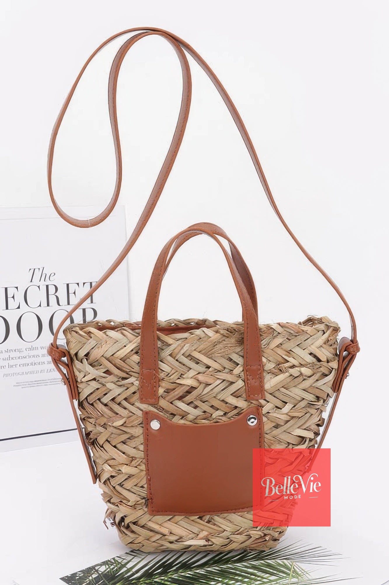 BelleVie Mode Camel Faux Straw Small Tote Bag