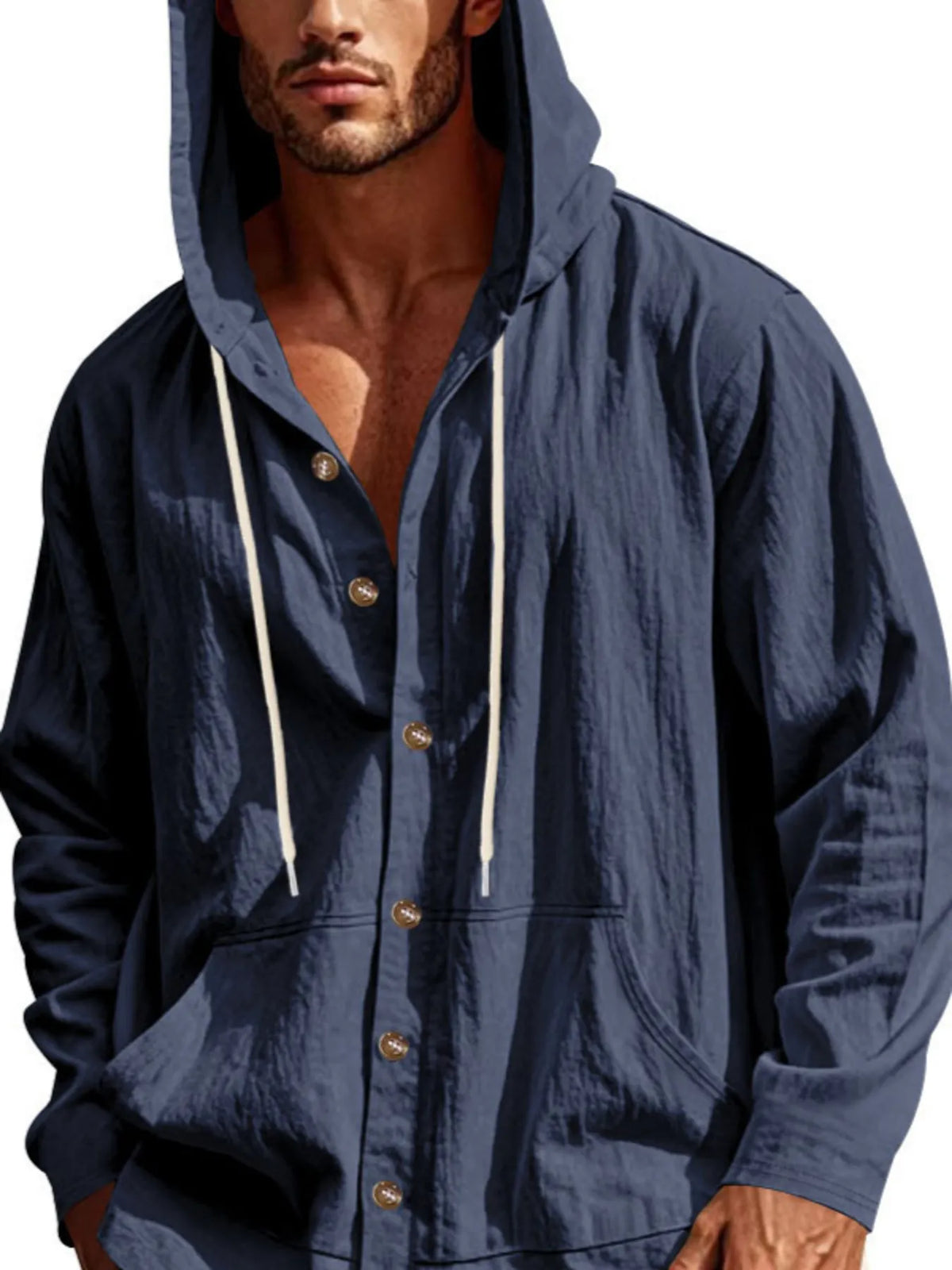Men's Full Size Drawstring Button Up Hooded Top Plus Size