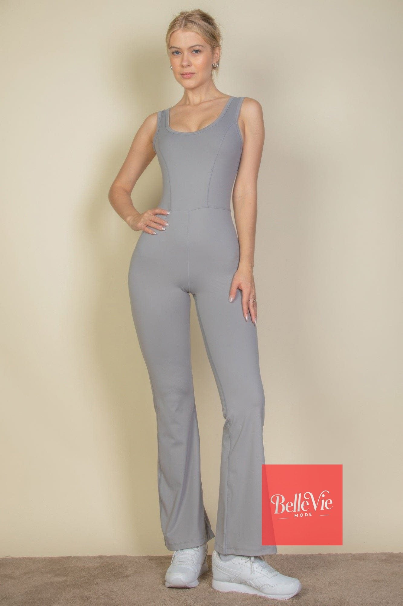 BelleVie Mode Cement / S Solid Flare Leg Sports Jumpsuit