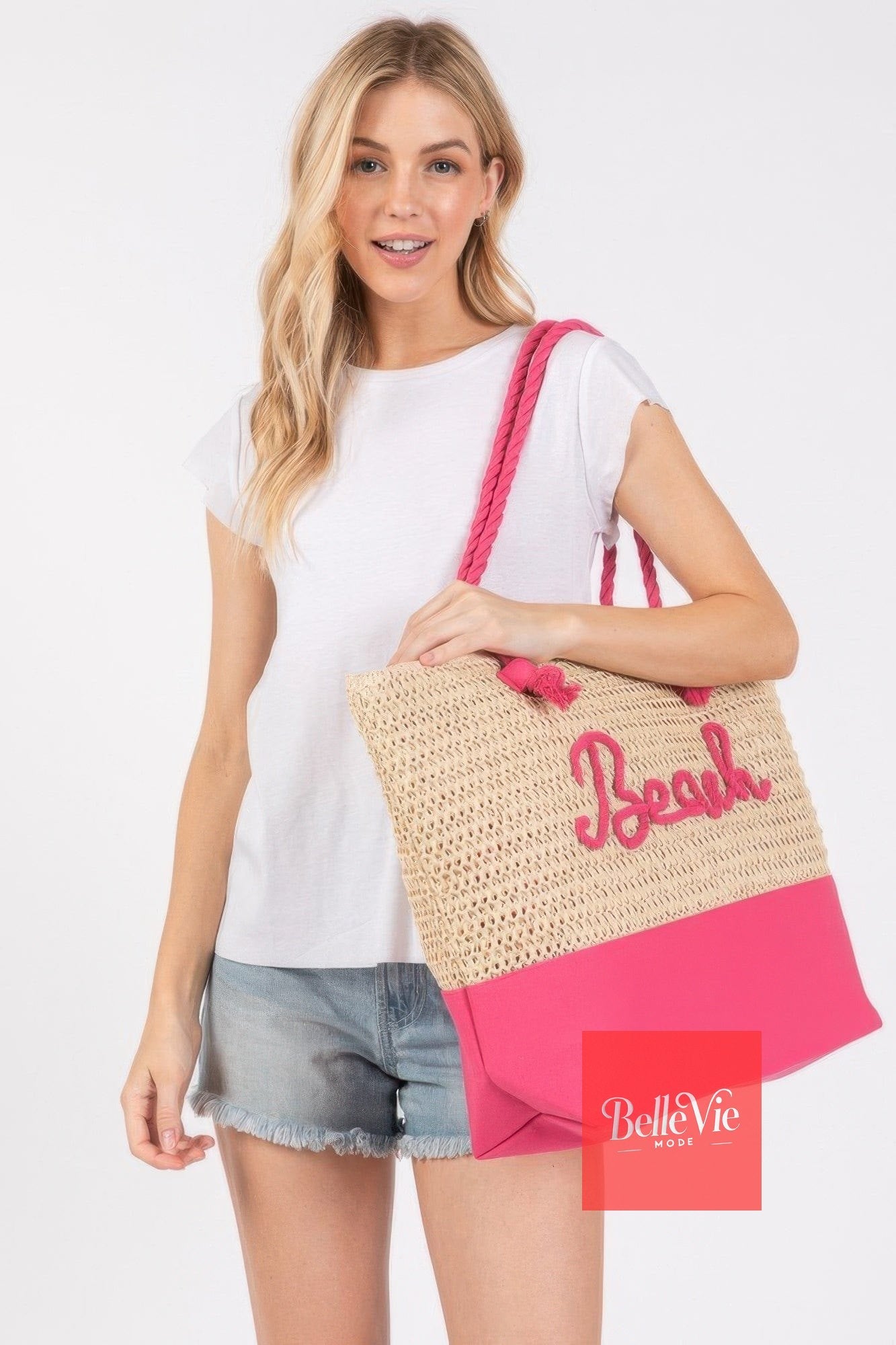 BelleVie Mode Color Sewn Rope Beach Letter And Strap Crochet Fabric Tote