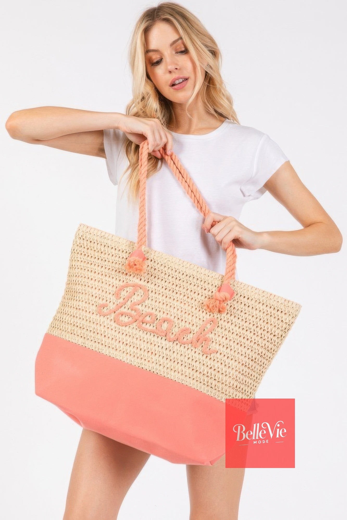 BelleVie Mode Color Sewn Rope Beach Letter And Strap Crochet Fabric Tote