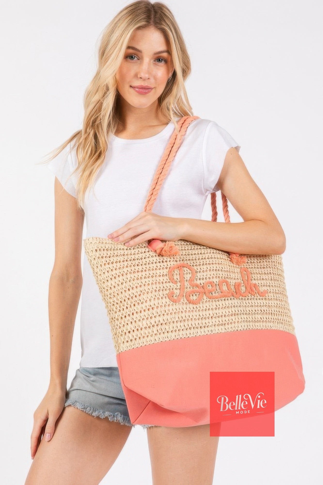 BelleVie Mode Color Sewn Rope Beach Letter And Strap Crochet Fabric Tote