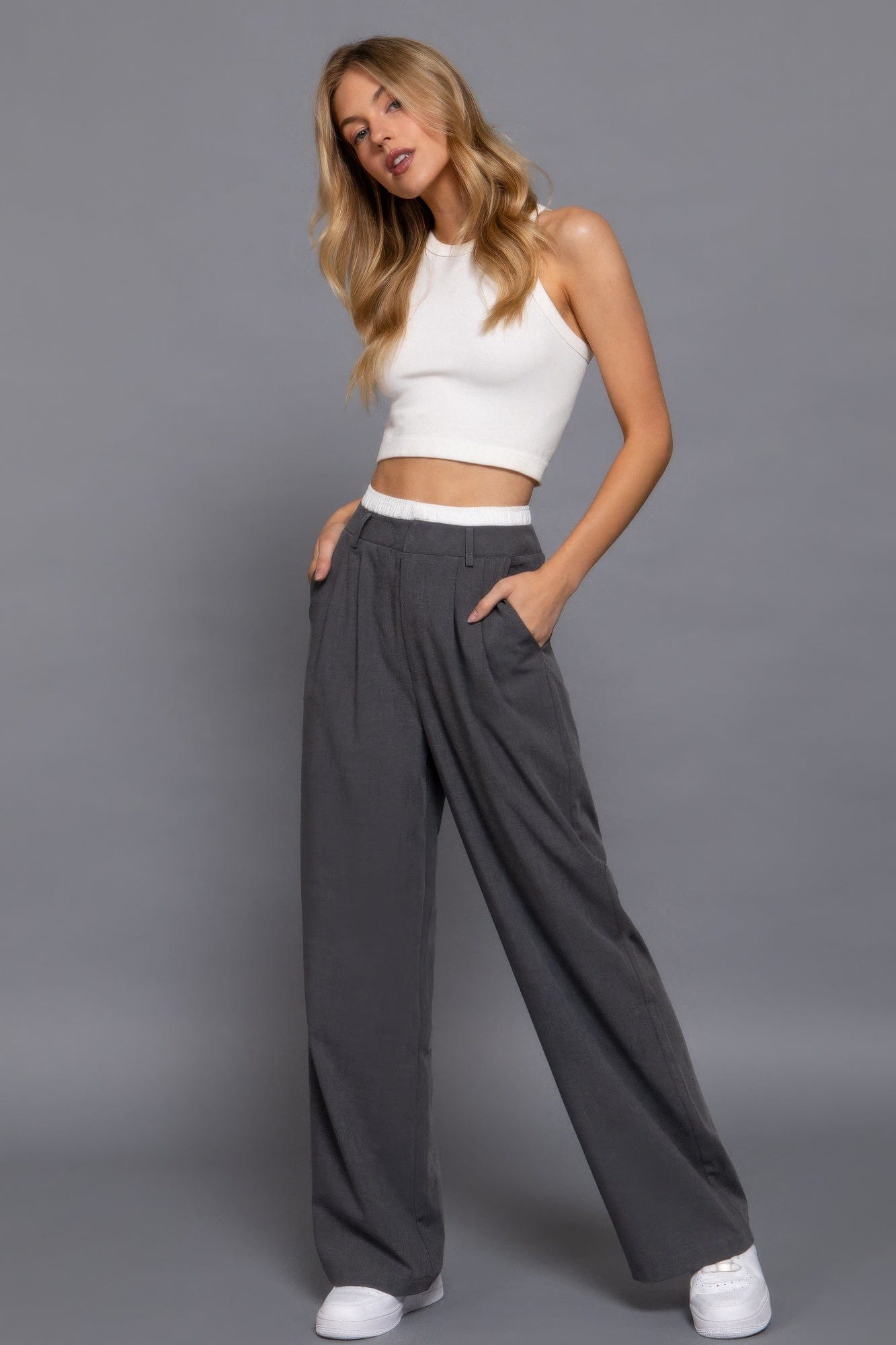 BelleVie Mode Contrast Waist Boxer Straight Long Pants