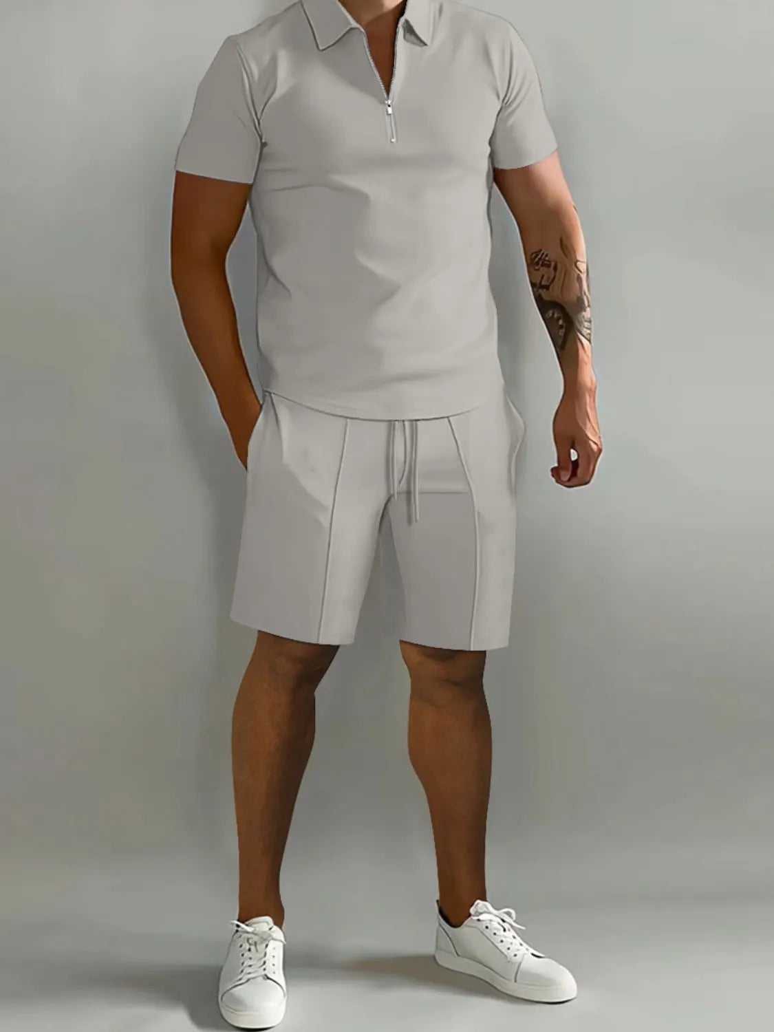 Men's Full Size Collared Neck Short Sleeve Top and Shorts Set Plus Size