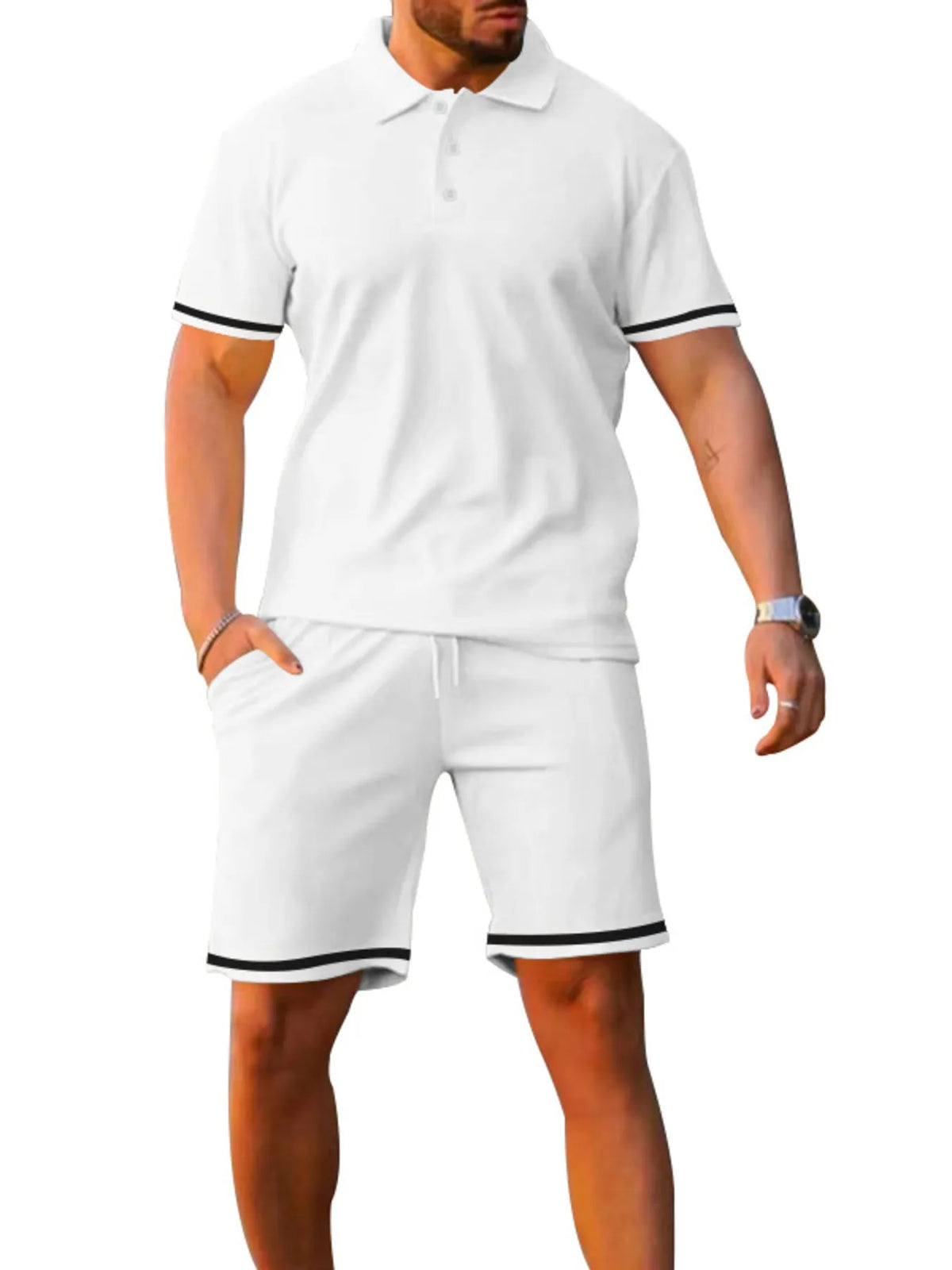 Men's Full Size Contrast Trim Polo and Shorts Set Plus Size