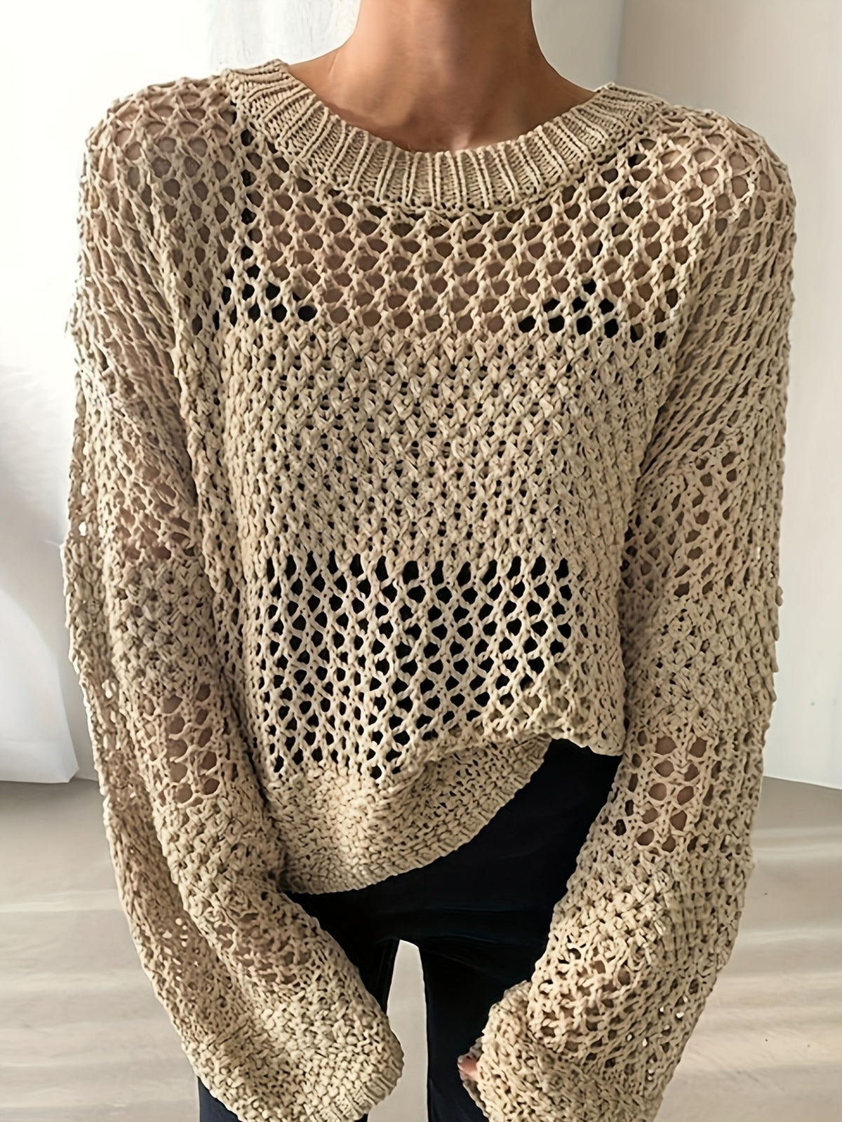 Openwork Round Neck Crochet Knit Cover Up