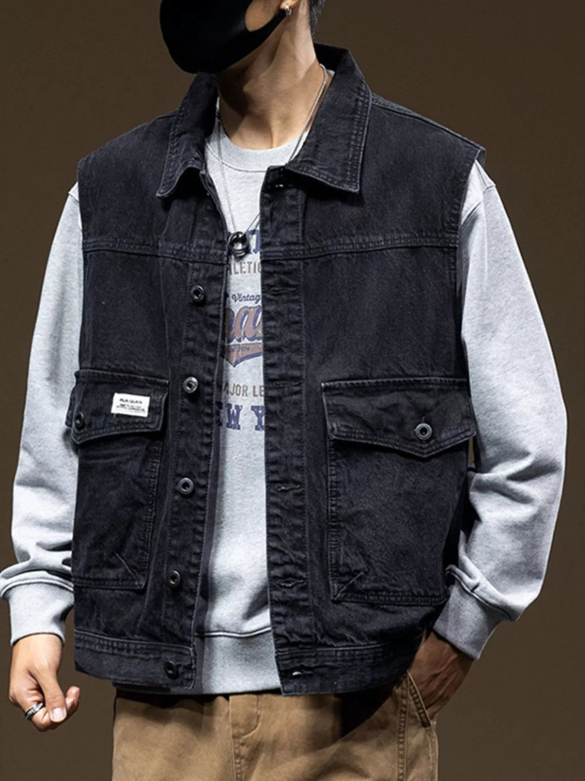 Men's Plus Size Button Up Denim Vest with Pockets