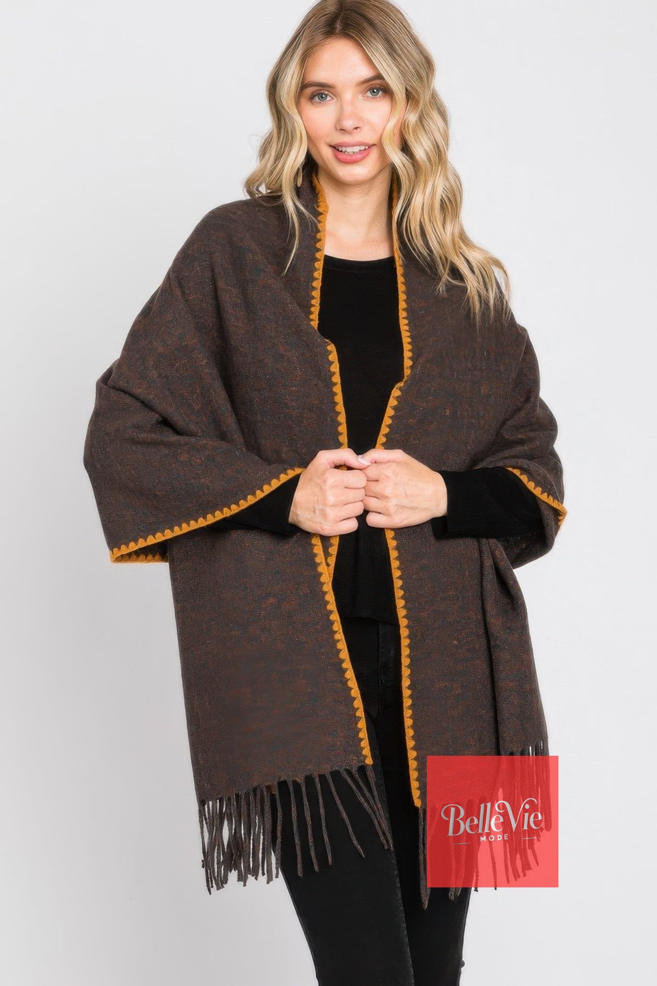 BelleVie Mode Dark brown Textured Solid Fringe Scarf