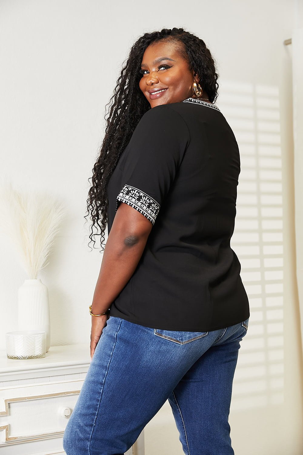 Double Take Embroidered Notched Neck Top - BelleVieMode