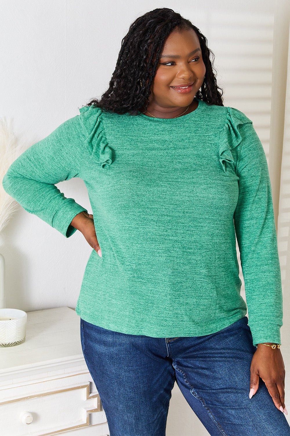 Double Take Ruffle Shoulder Long Sleeve T-Shirt - BelleVieMode