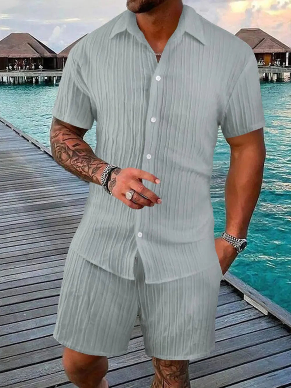 Men's Full Size Button Down Short Sleeve Shirt and Shorts Set Plus Size