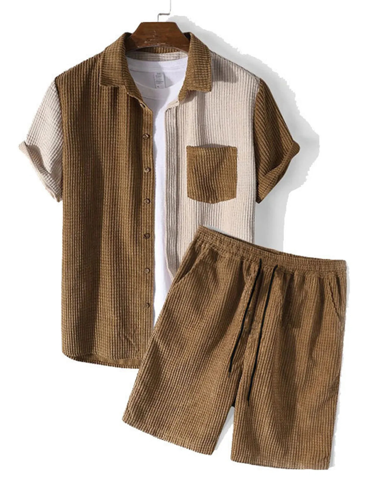 Men's Full Size Contrast Shots Sleeve Shirt and Shorts Set Plus Size