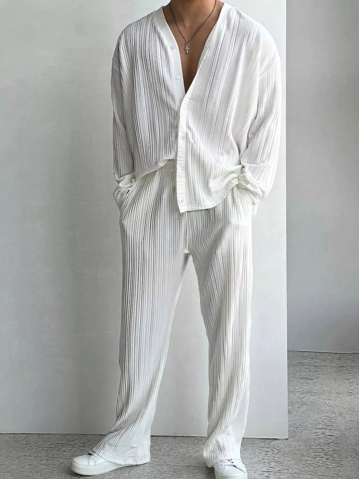 Men's Full Size Textured Button Up Shirt and Pants Set Plus Size