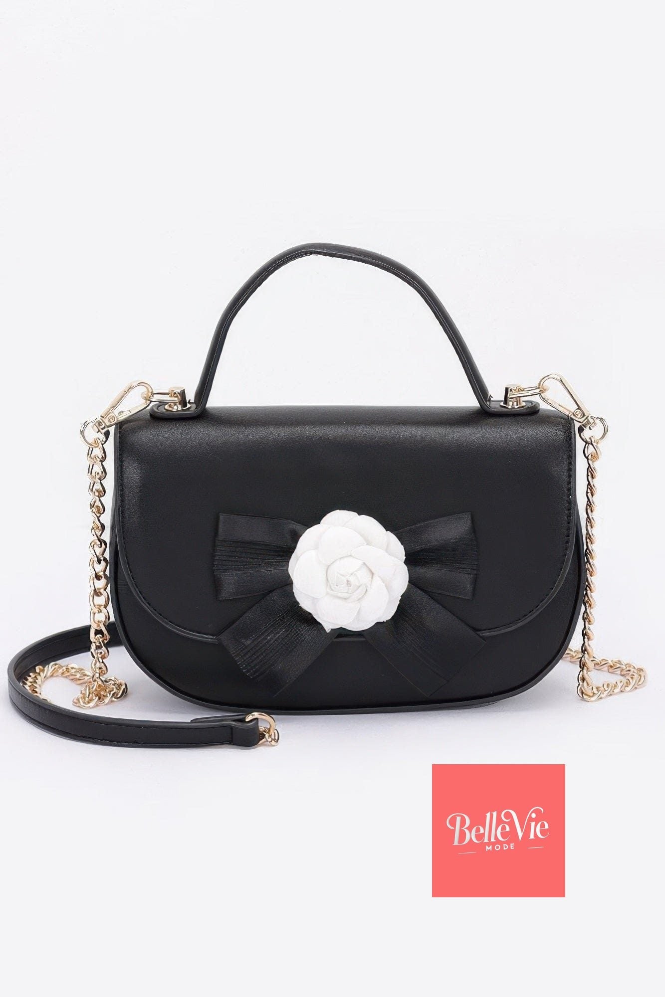 BelleVie Mode Faux Leather Flower Ribbon Top Handle Flap Bag