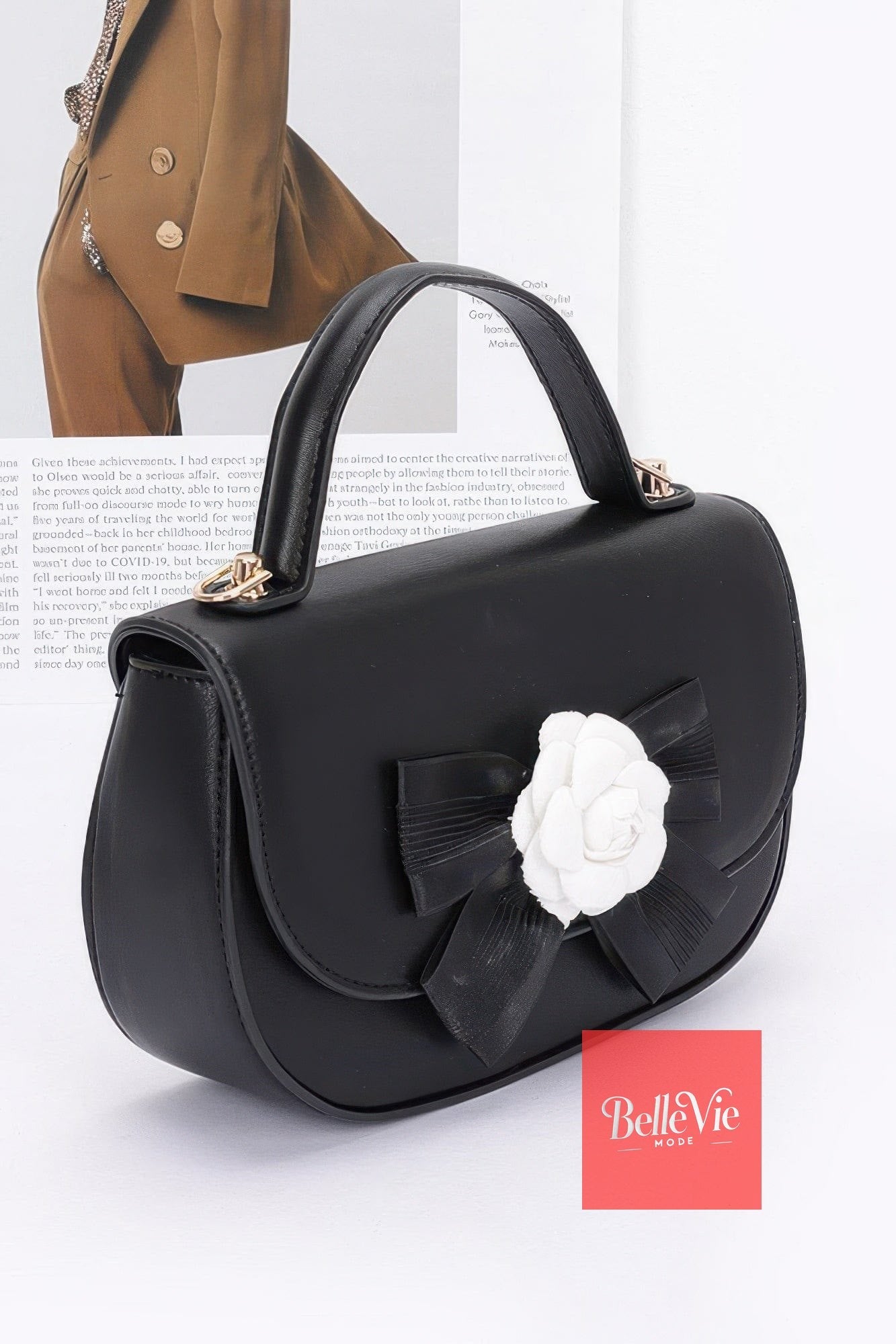 BelleVie Mode Faux Leather Flower Ribbon Top Handle Flap Bag