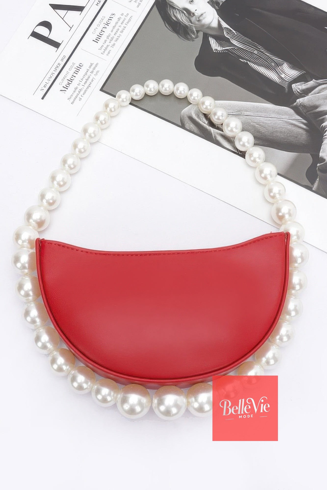 BelleVie Mode Faux Pearl Handle Half Moon Bag