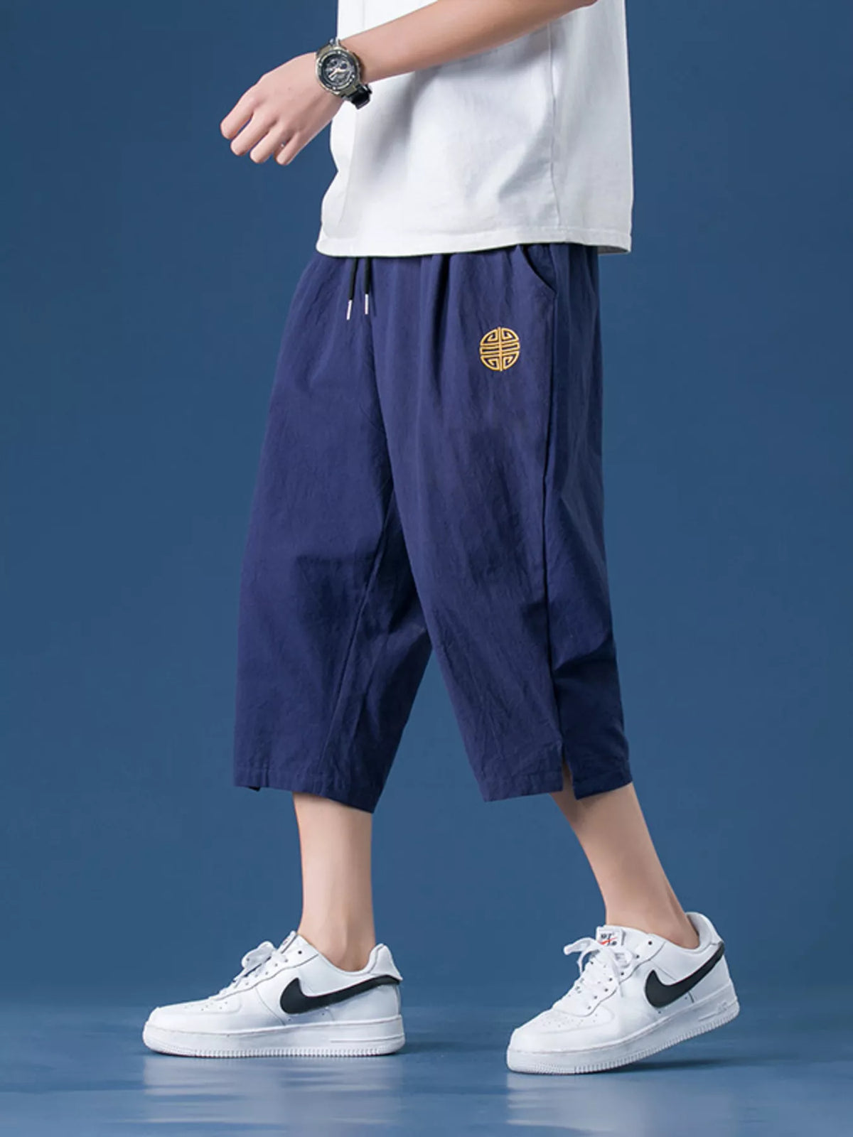 Men's Plus Size Drawstring Embroidered Detail Capri