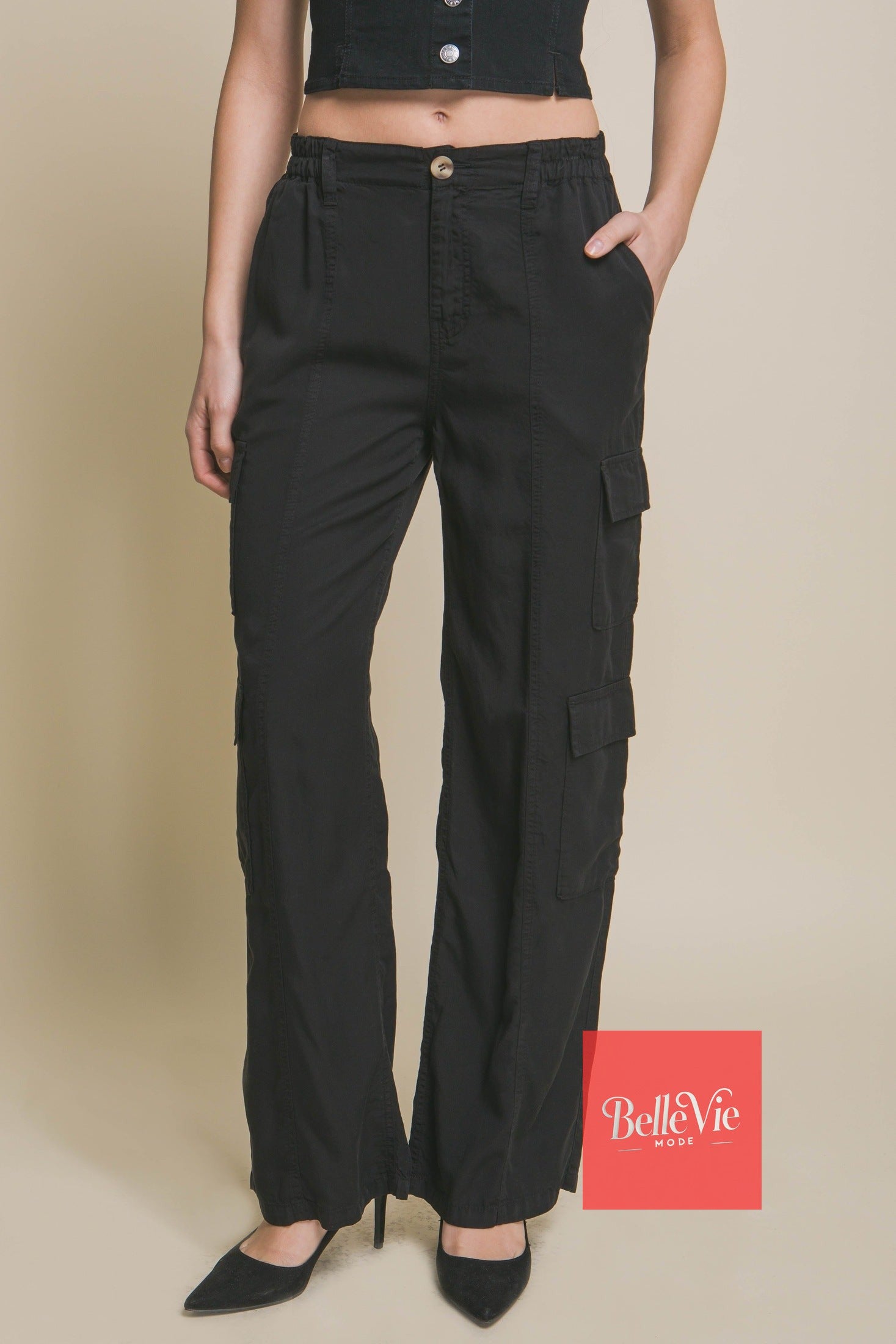 BelleVie Mode Full-length Tencel Pants With Cargo Pockets