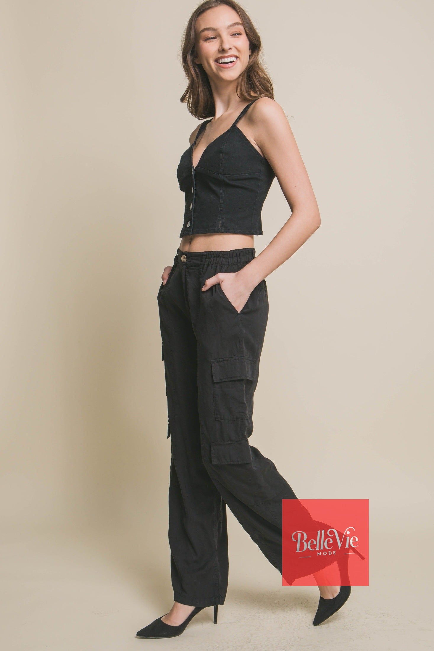 BelleVie Mode Full-length Tencel Pants With Cargo Pockets