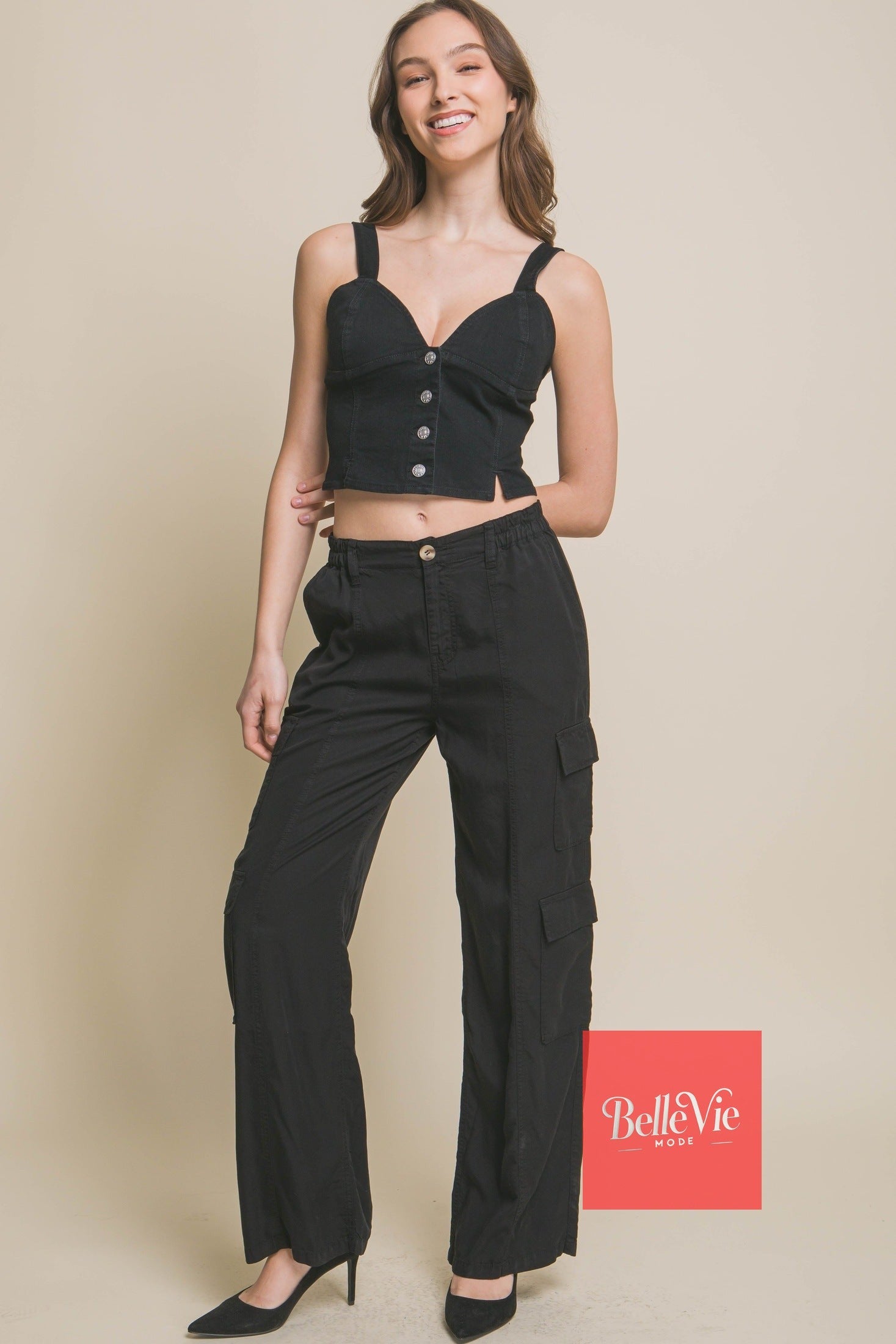 BelleVie Mode Full-length Tencel Pants With Cargo Pockets