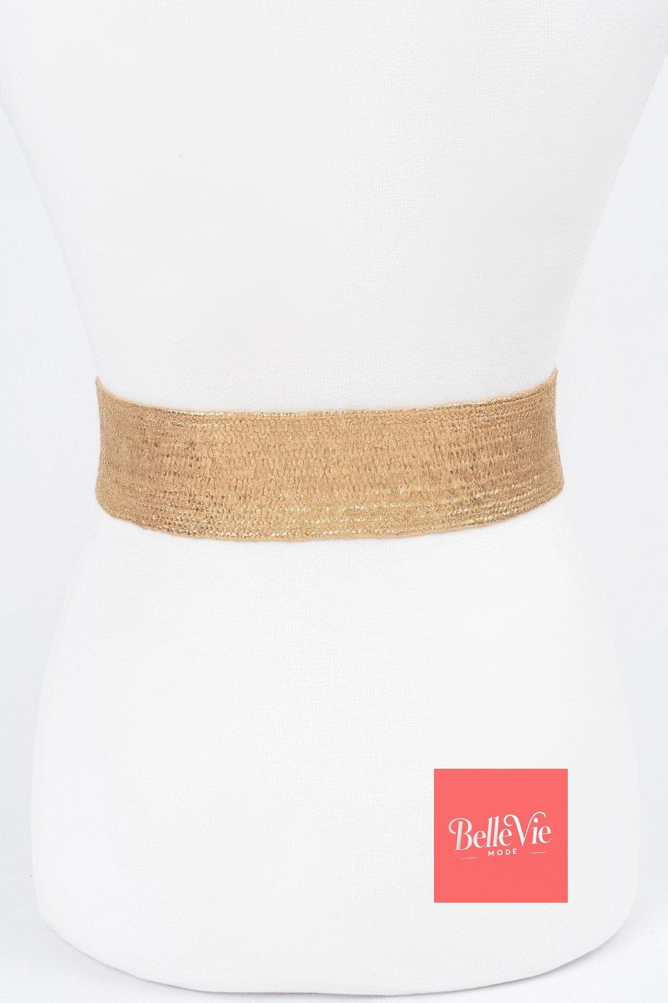 BelleVie Mode Gold Multi Stone Metallic Straw Stretch Belt