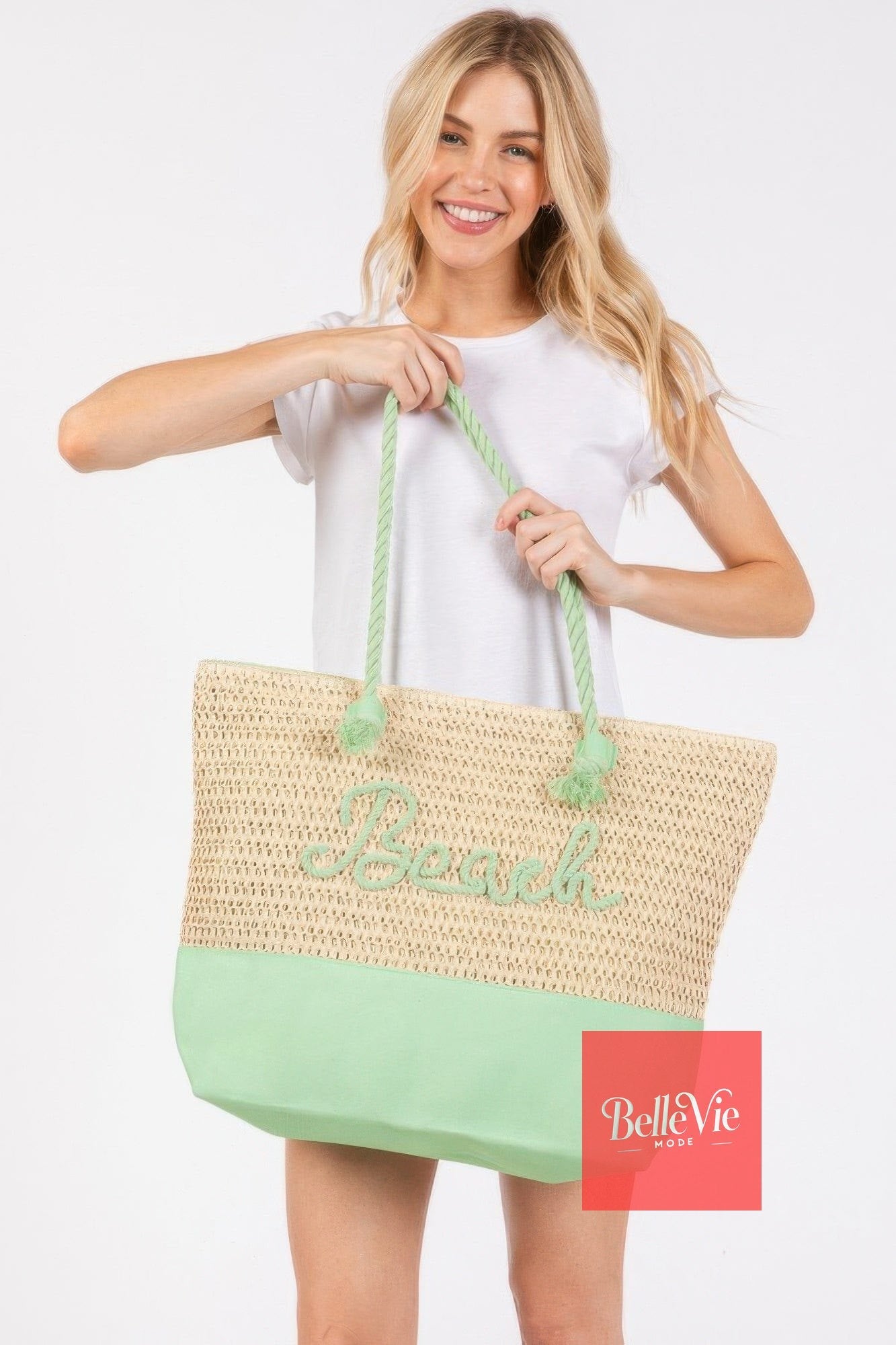 BelleVie Mode Green Color Sewn Rope Beach Letter And Strap Crochet Fabric Tote