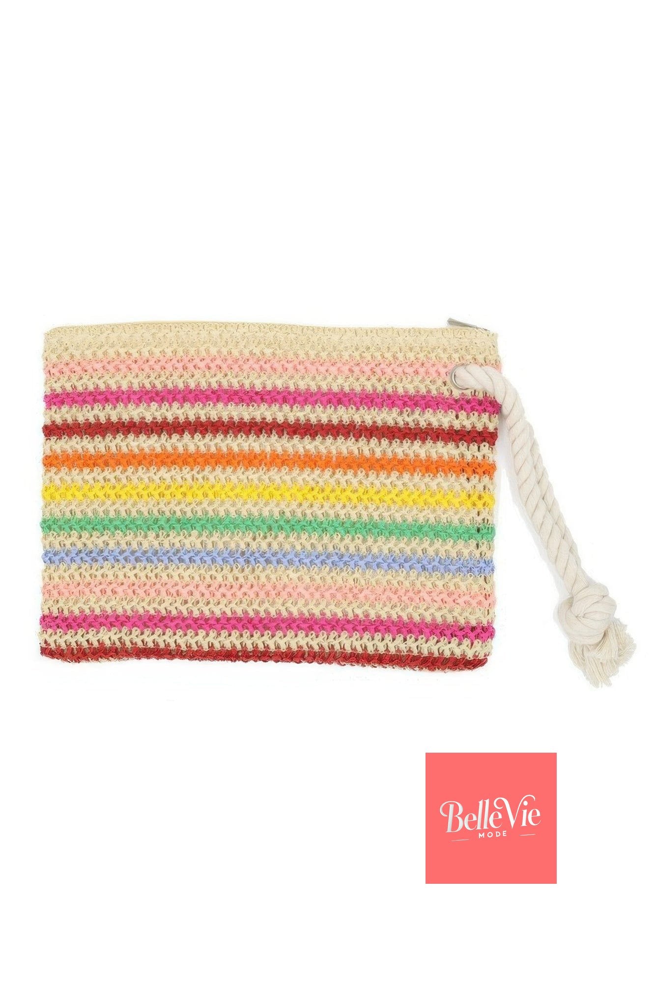 BelleVie Mode Green Rope Handle Multicolor Striped Straw Crochet Pouch