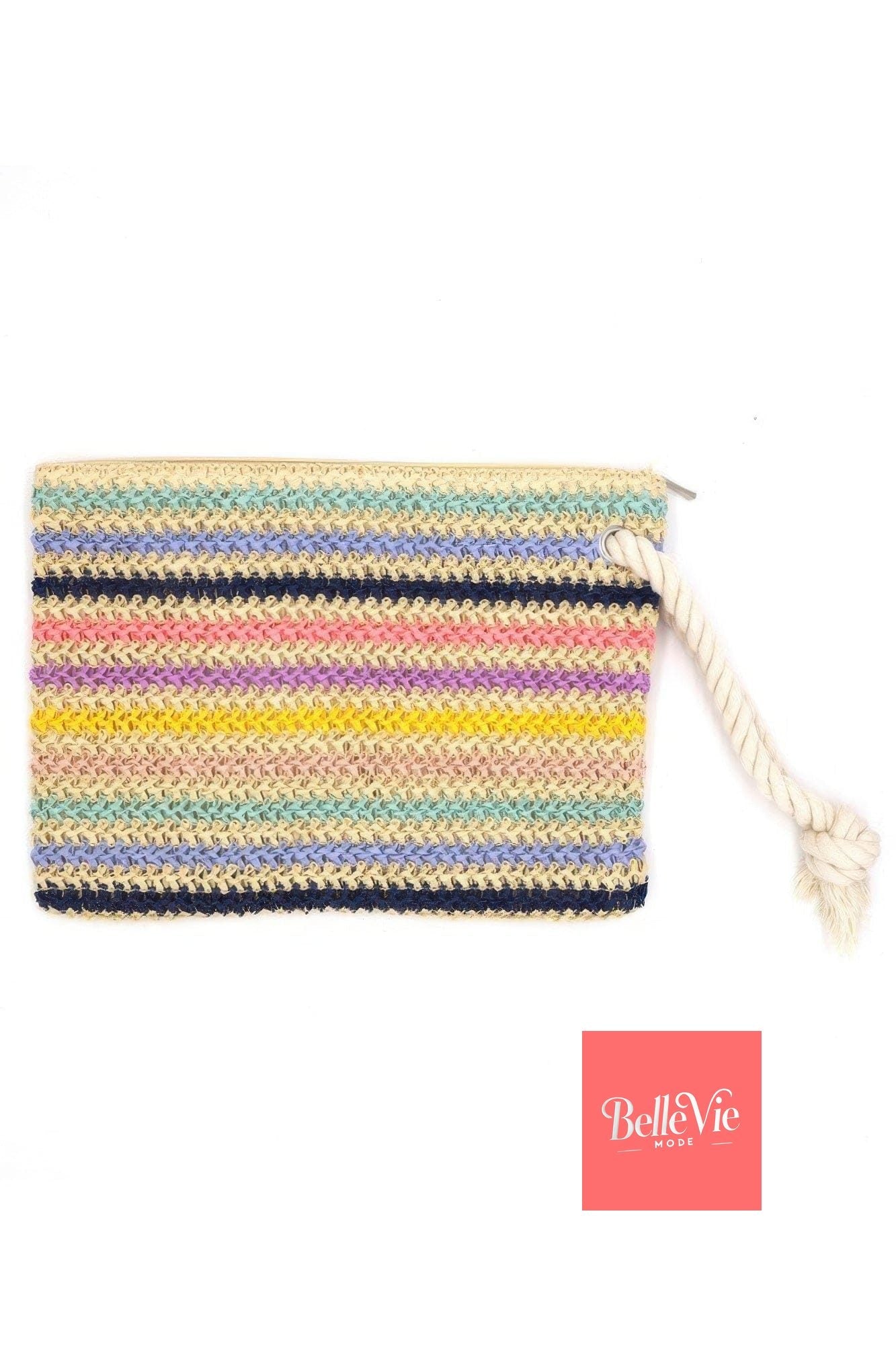 BelleVie Mode Green Rope Handle Multicolor Striped Straw Crochet Pouch