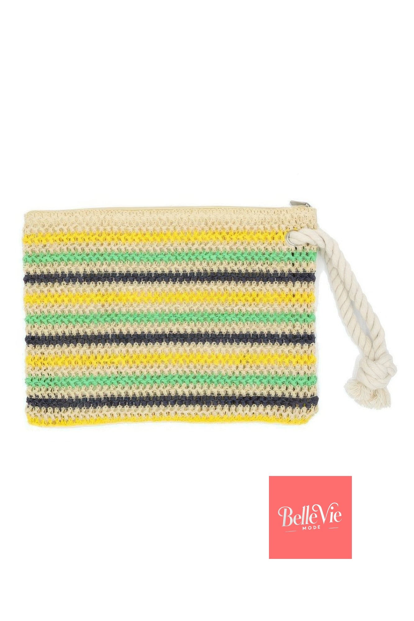 BelleVie Mode Green Rope Handle Multicolor Striped Straw Crochet Pouch