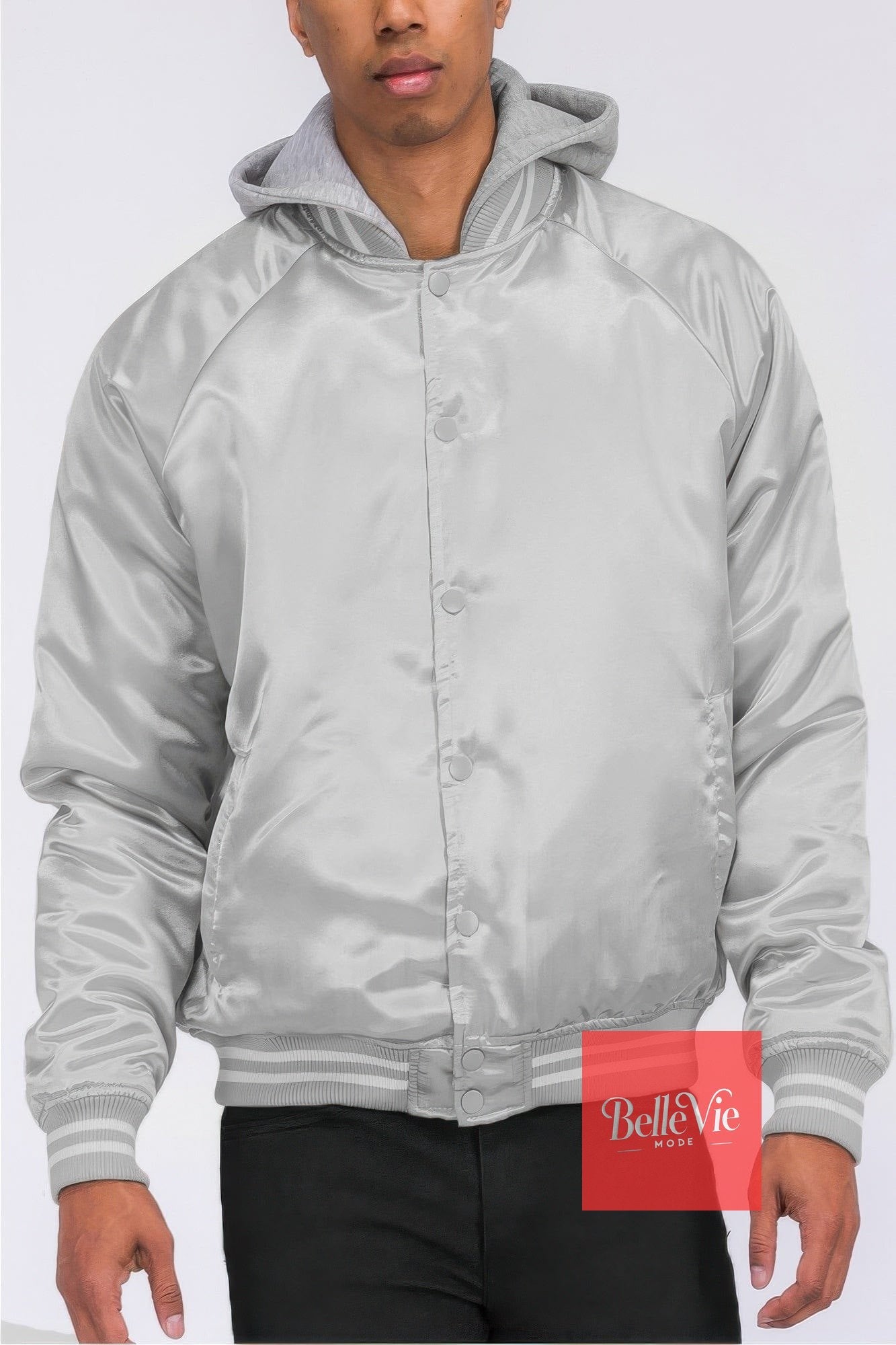 BelleVie Mode Grey / S Satin Varsity Bomber Jacket