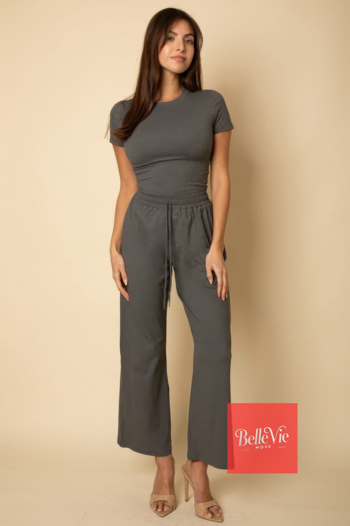 BelleVie Mode Heather grey / S Relaxed Fit Top And Wide-leg Pants Set