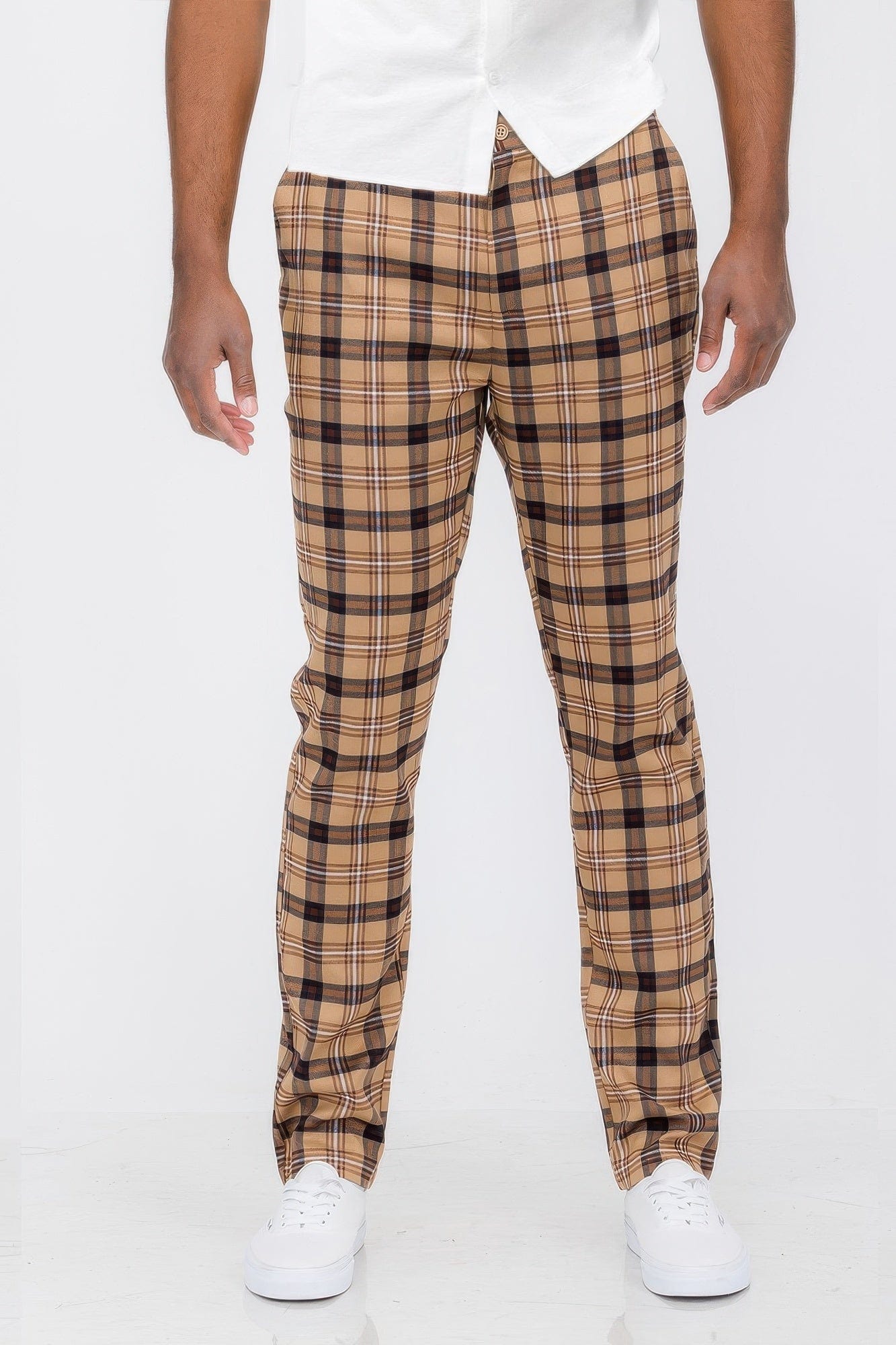 BelleVie Mode Khaki / 30 Mens Plaid Trouser Pants