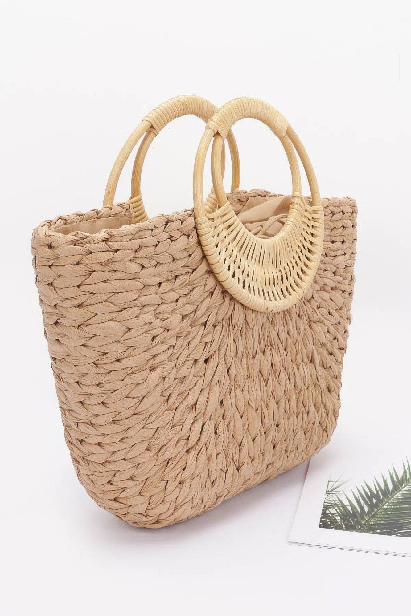 BelleVie Mode Khaki Faux Straw Bamboo Handle Tote Bag