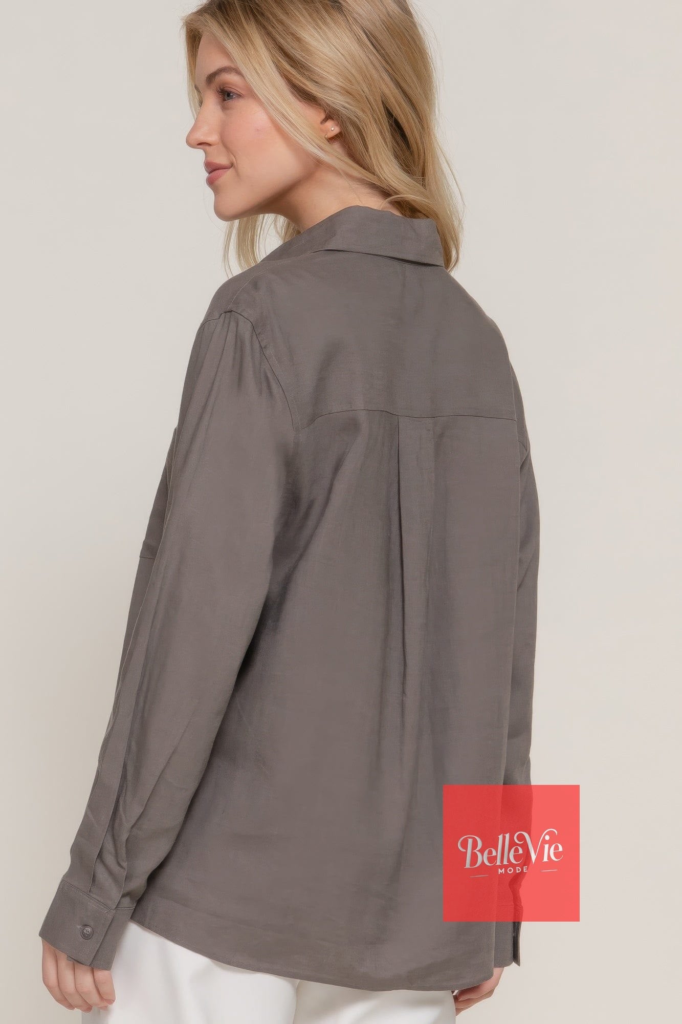 BelleVie Mode Long Sleeve Linen Blend Shirt