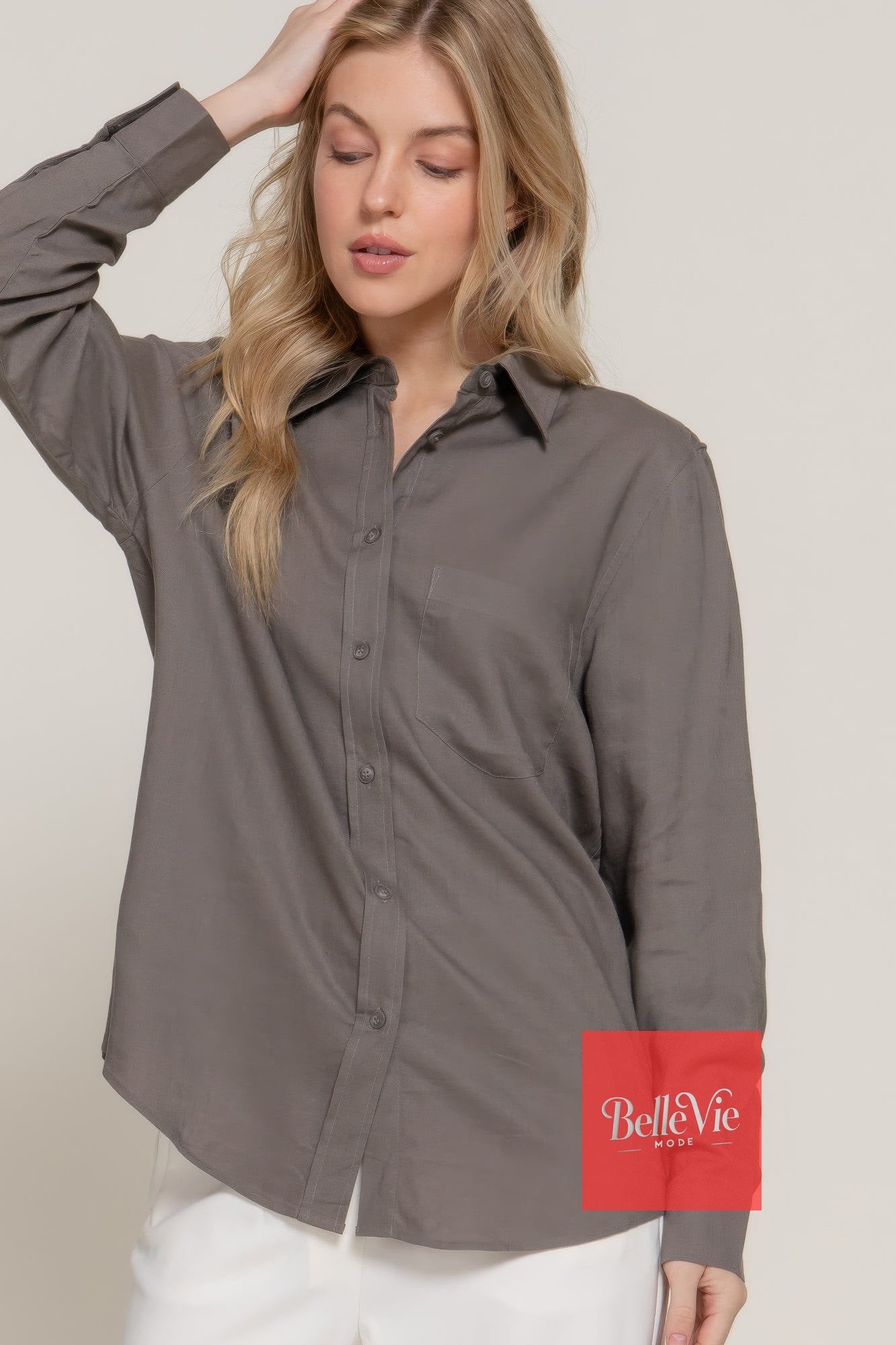 BelleVie Mode Long Sleeve Linen Blend Shirt