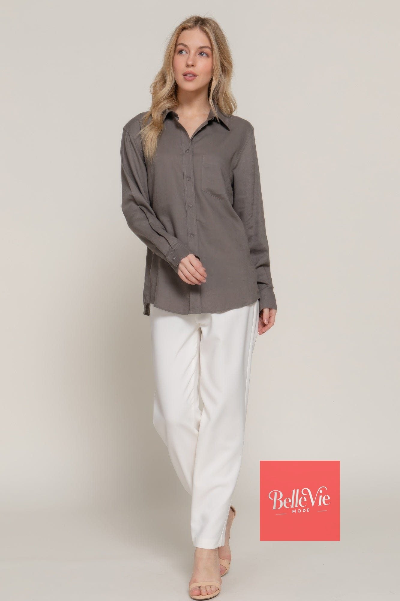 BelleVie Mode Long Sleeve Linen Blend Shirt