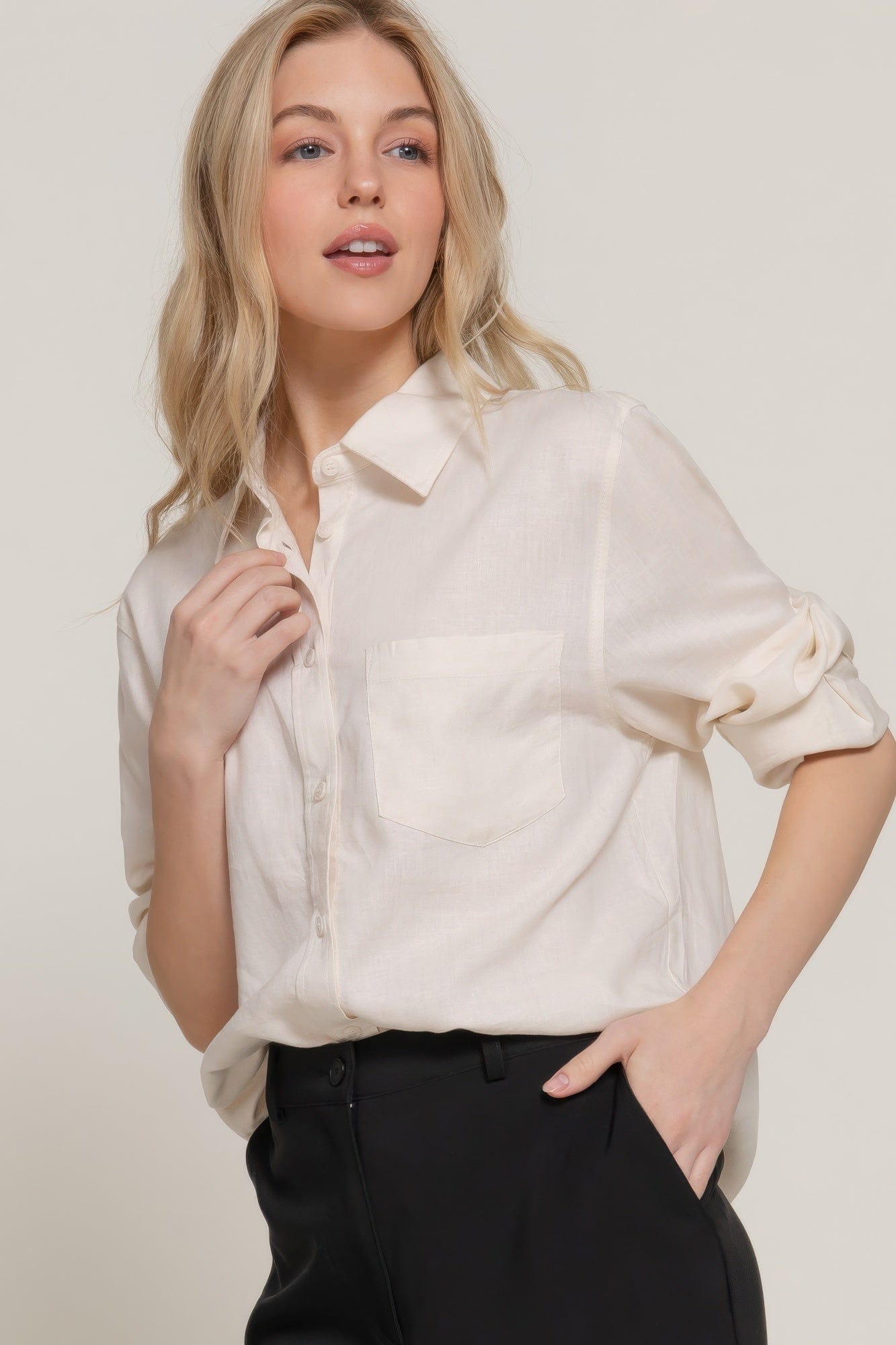 BelleVie Mode Long Sleeve Linen Blend Shirt