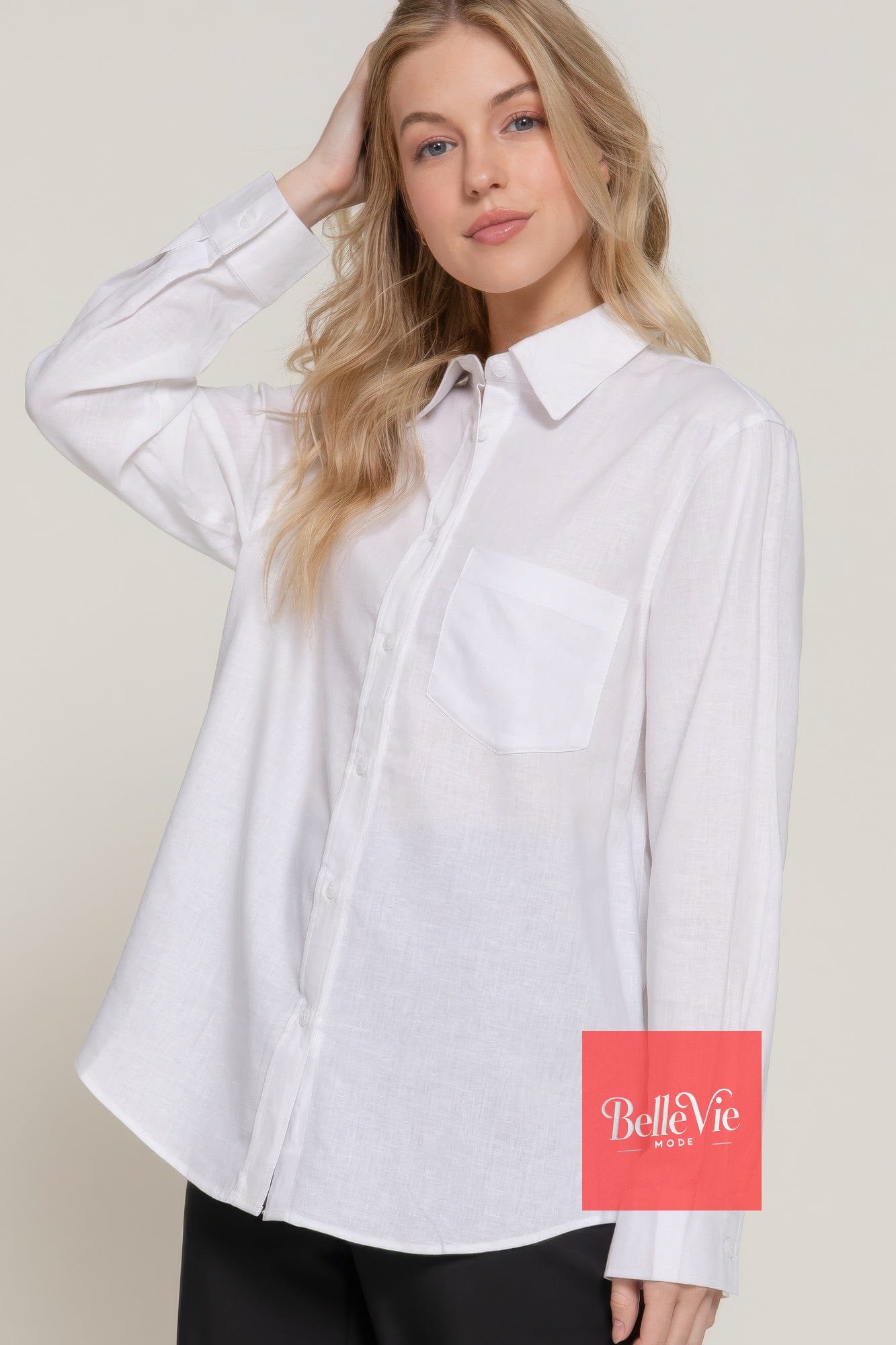 BelleVie Mode Long Sleeve Linen Blend Shirt