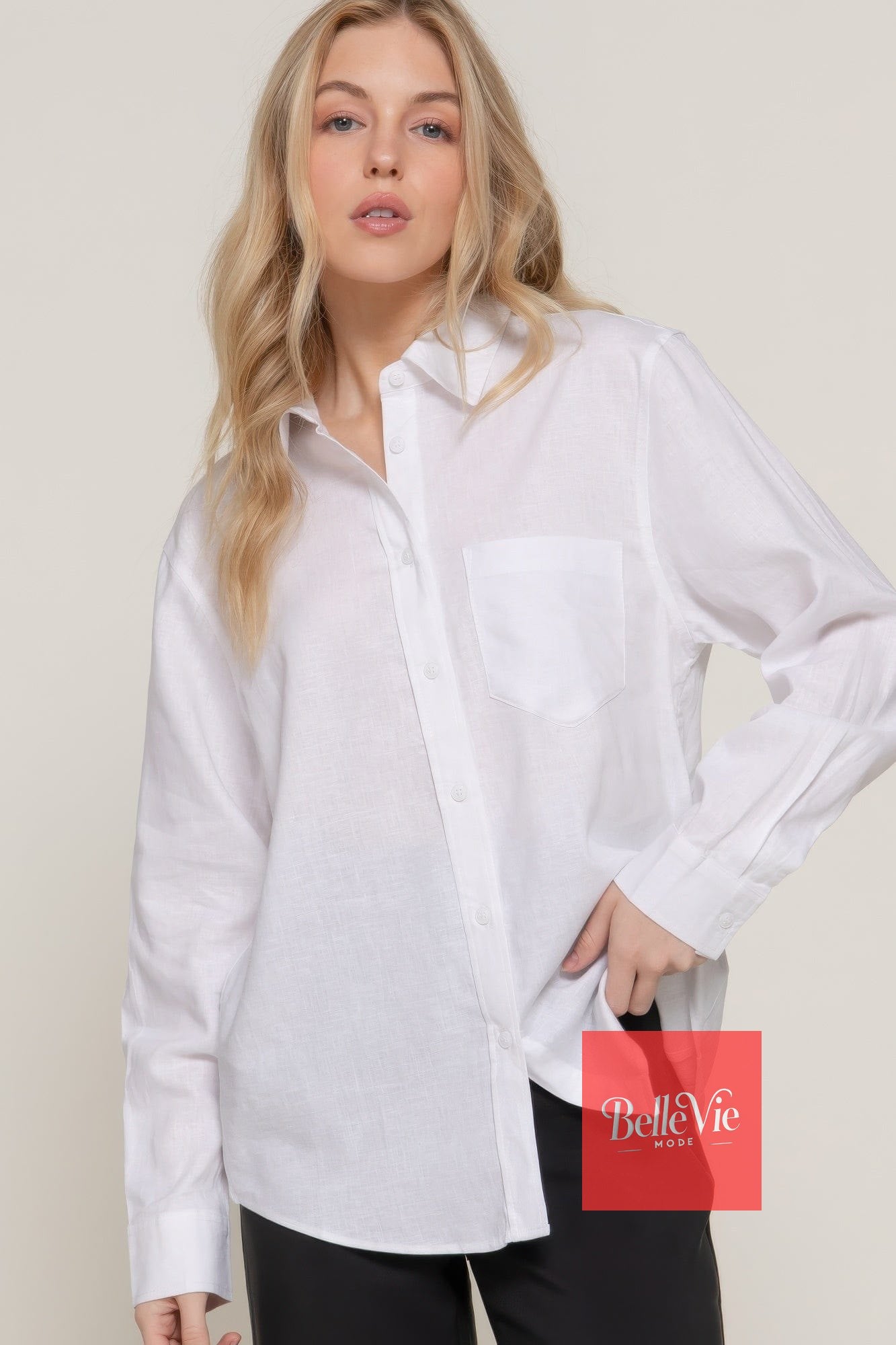 BelleVie Mode Long Sleeve Linen Blend Shirt