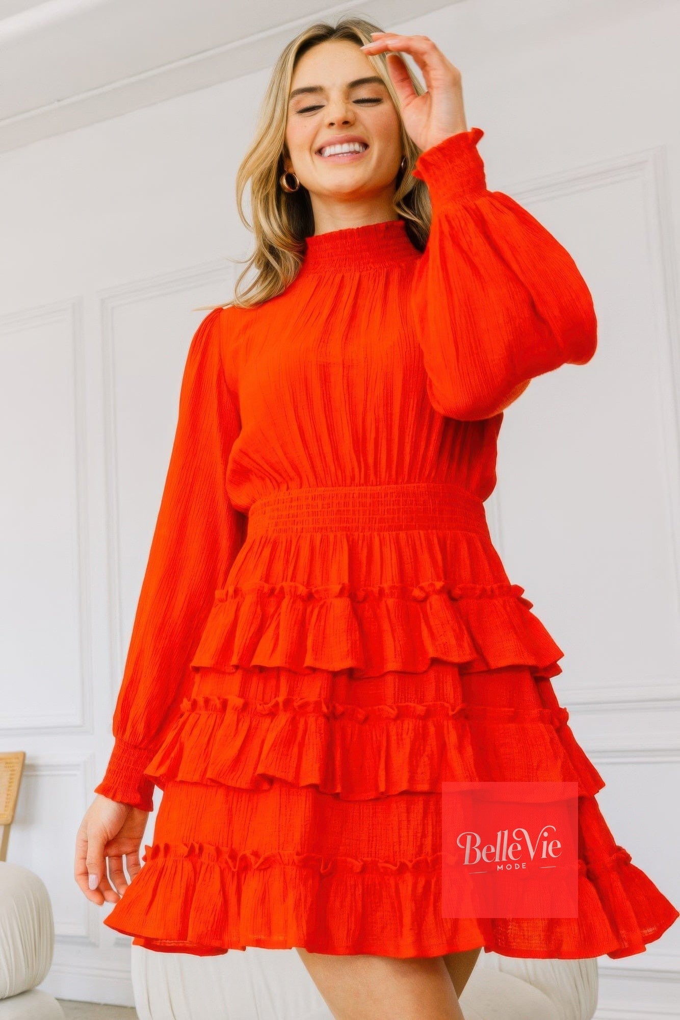 BelleVie Mode Long Sleeve Smocked Neck Tiered Ruffle Mini Dress