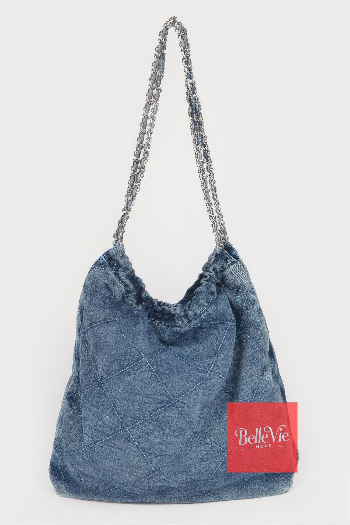 BelleVie Mode Medium blue Quilted Washed Denim Chain Bag