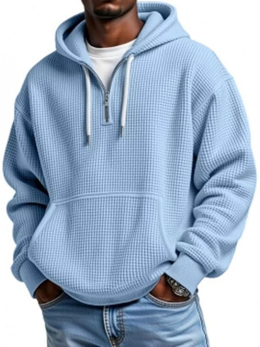 Men's Full Size Waffle Knit Quarter Zip Hoodie Plus Size - BelleVieMode