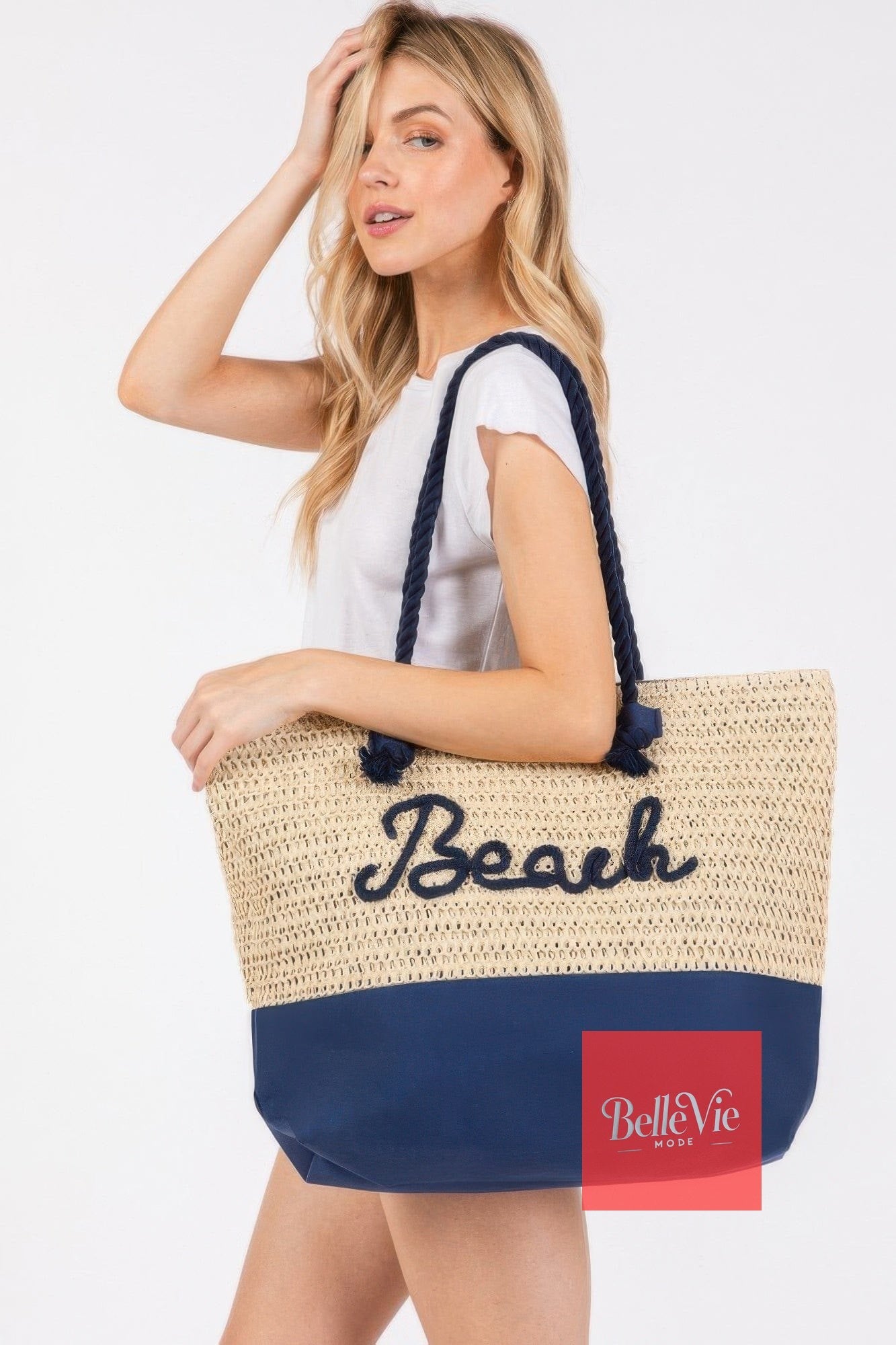 BelleVie Mode Navy Color Sewn Rope Beach Letter And Strap Crochet Fabric Tote