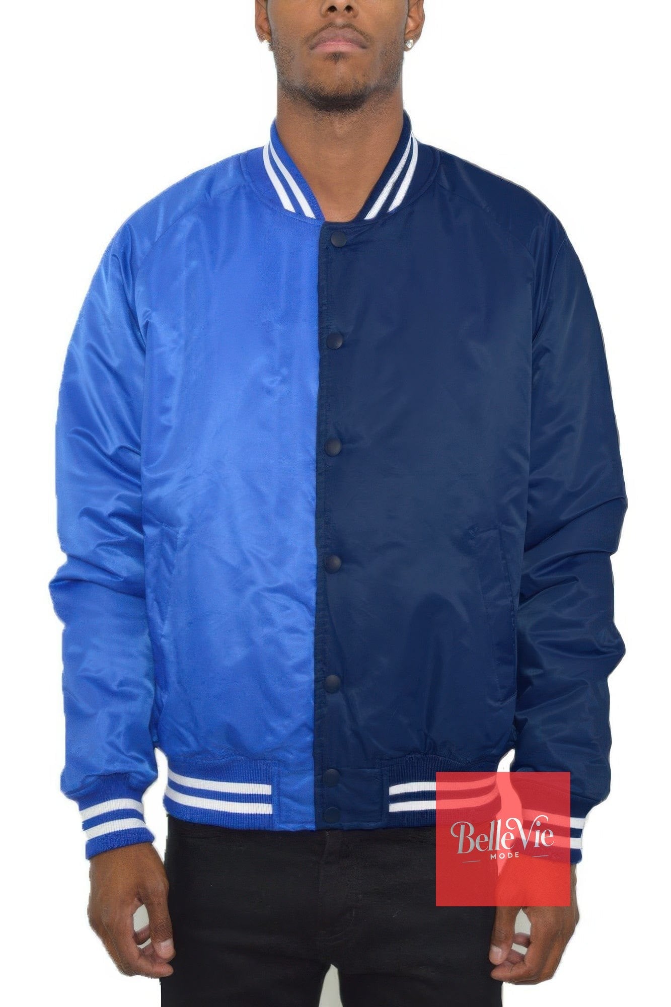 BelleVie Mode Navy Royal / S Color Block Two Tone Varsity Jacket