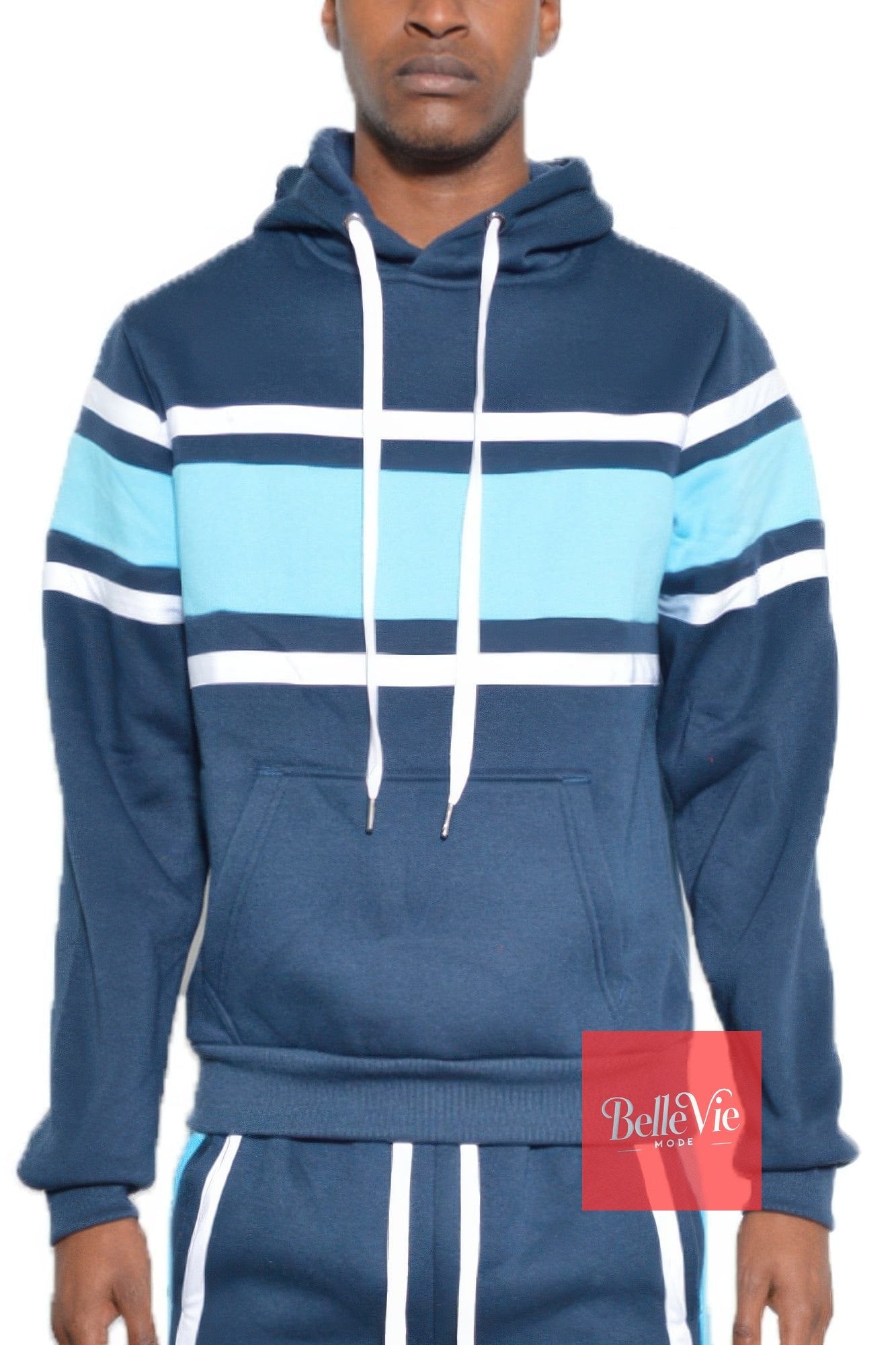 BelleVie Mode Navy Sky / S Solid With Three Stripe Pullover Hoodie