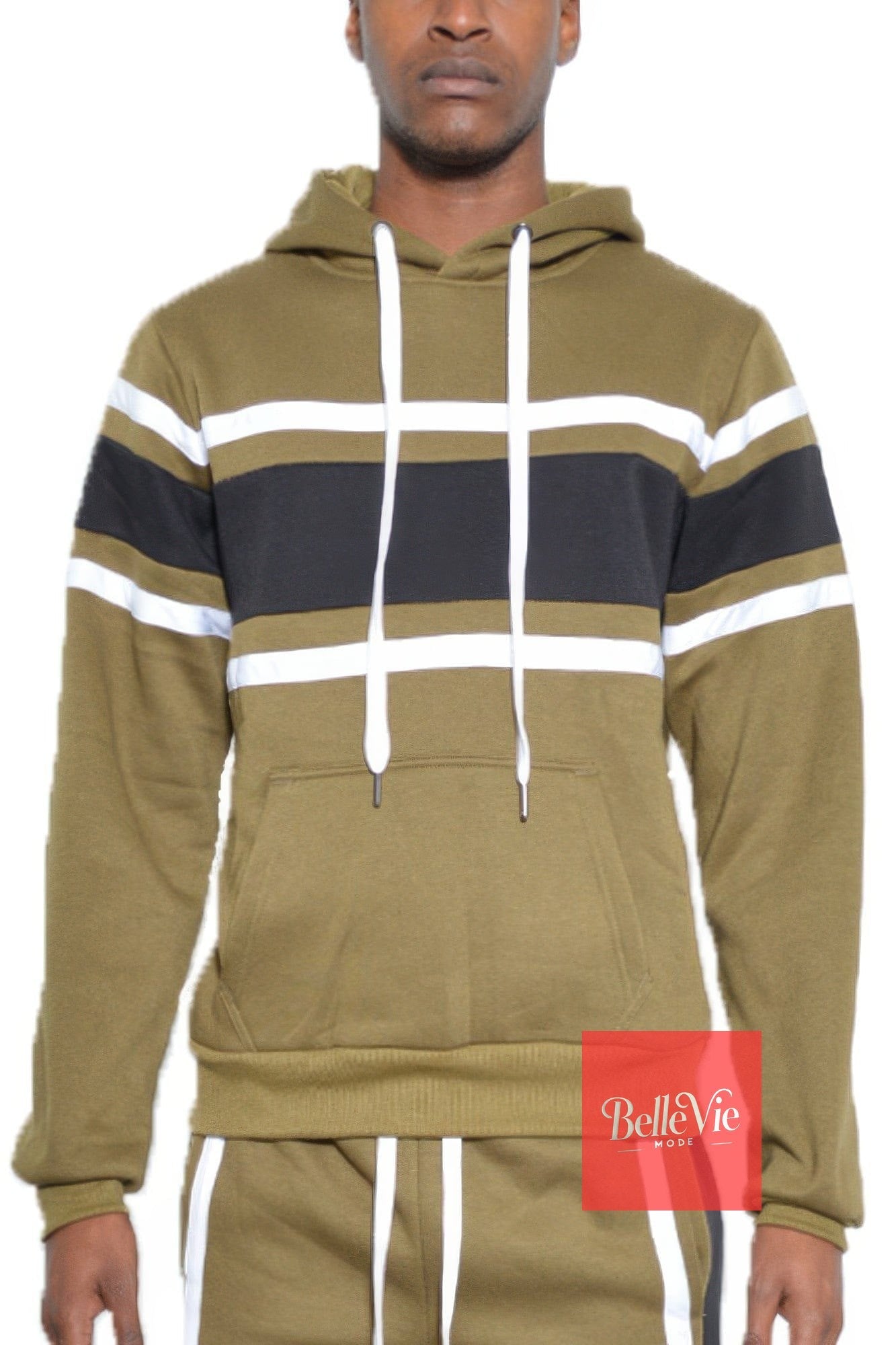 BelleVie Mode Olive Black / S Solid With Three Stripe Pullover Hoodie