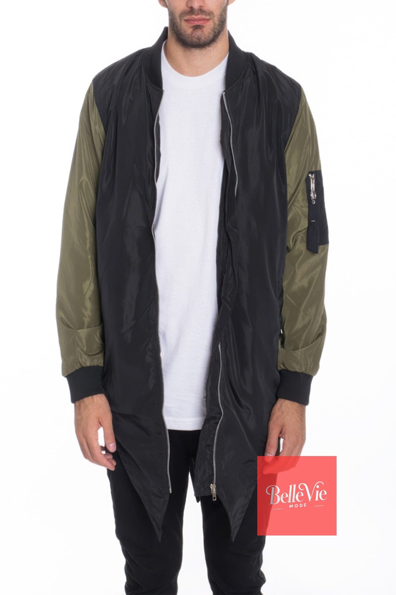 BelleVie Mode Olive / S Mens Casual Windbreaker Satin Jacket