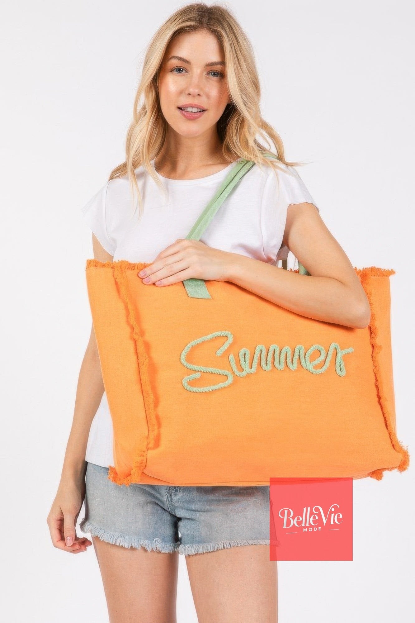 BelleVie Mode Orange Sewn Rope Summer Letter Fringed Canvas Bag