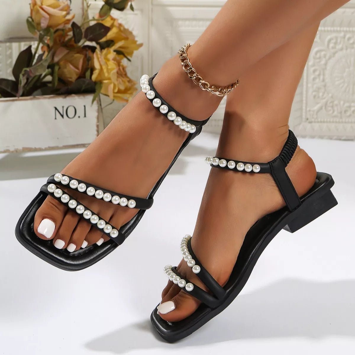 Pearl Embellished Open Toe Sandals - BelleVieMode